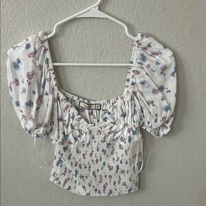 Floral Puff Sleeve Top - White and Blue